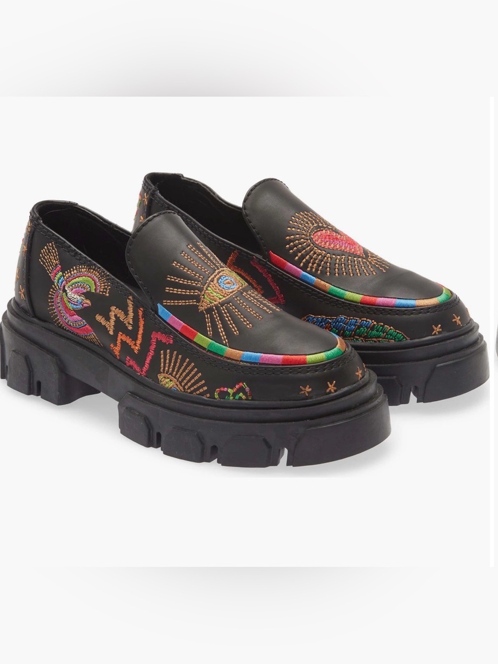FARM Rio Black Embroidered Amazon Lug Platform Loafer